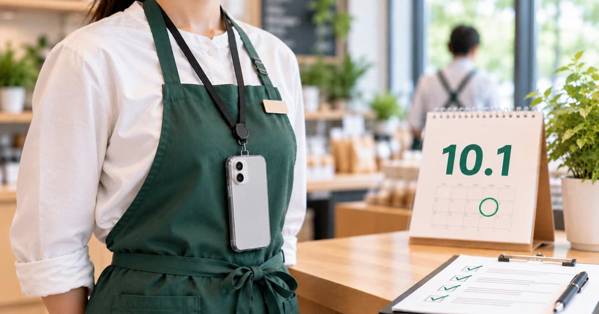 店舗のカウンターに置かれたカレンダーに「10.1」と大きく記され、その隣にチェックリストが置かれている。手前のスタッフはスマートフォンを首から下げている。