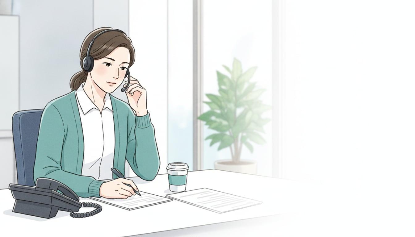 ヘッドセットで電話対応しながらメモを取るオフィスのスタッフ