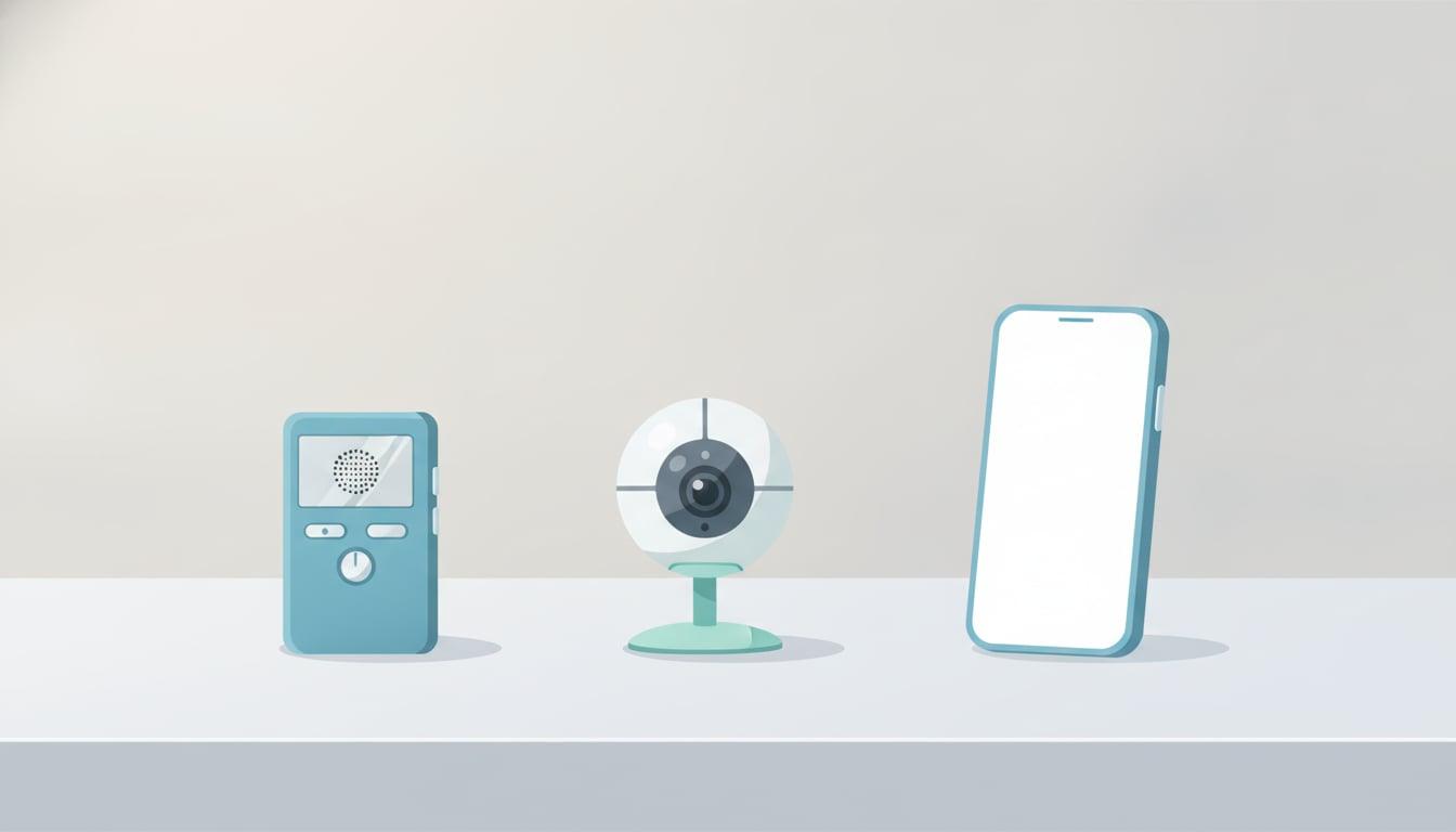 白い台の上に、ボイスレコーダー、丸型の固定カメラ、スマートフォンの3つが並んでいるイラスト。