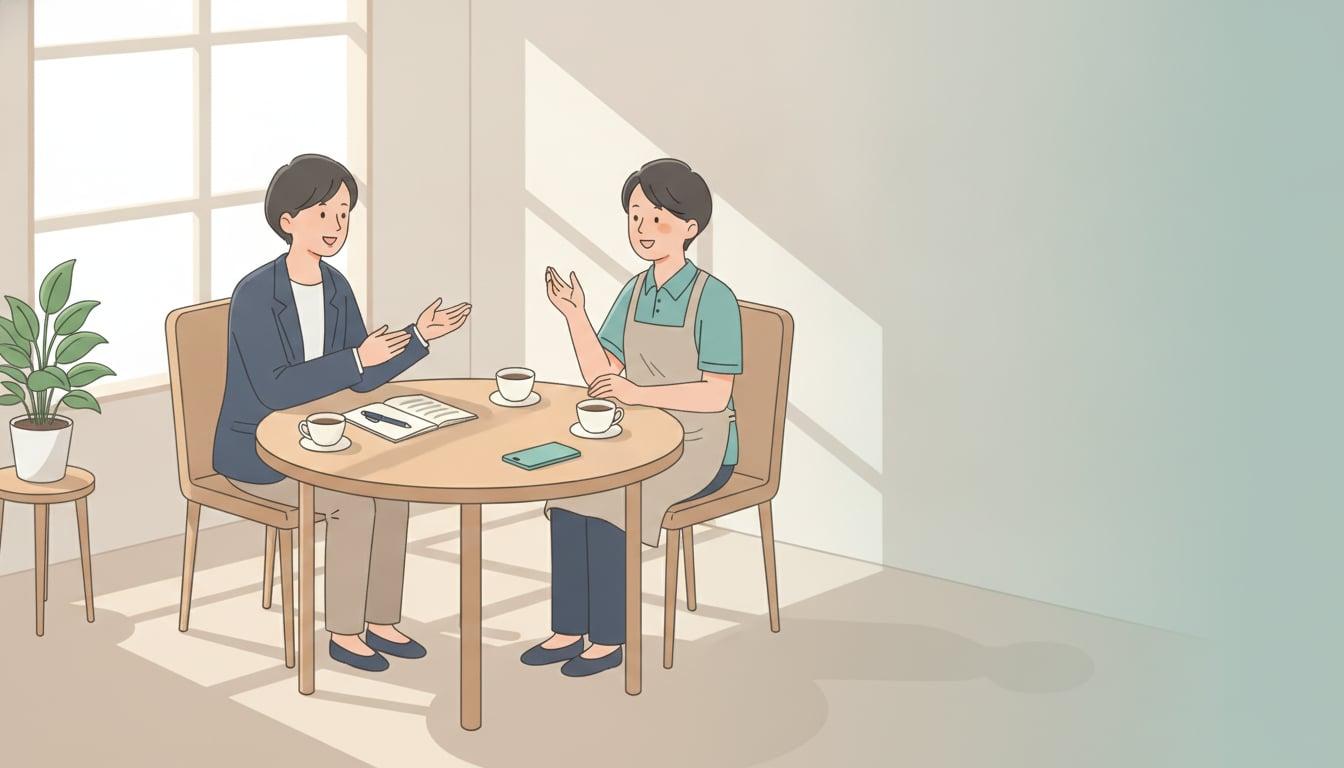 会議室で管理者が従業員のカスハラ被害の相談を聞いている様子