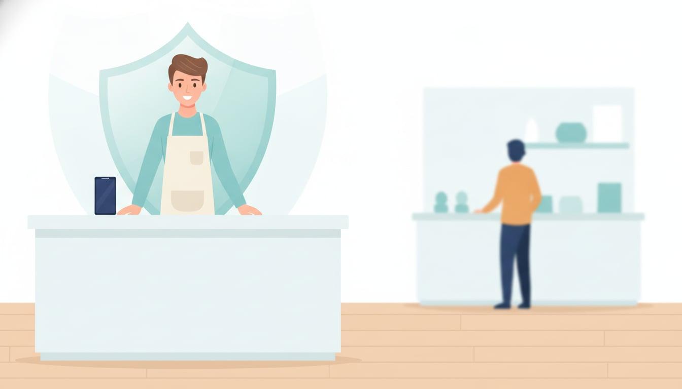 小売店のレジ周りで、店員がスマートフォンを手に接客しているイメージ